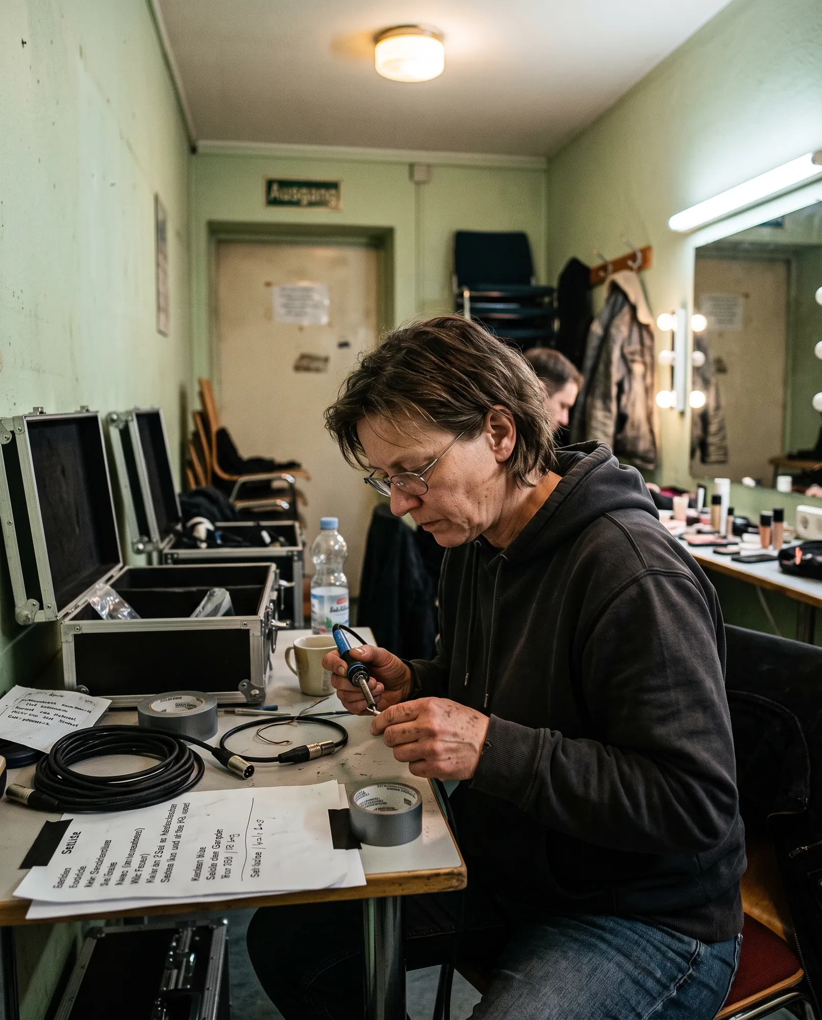 Künstler konzentriert sich backstage vor dem Auftritt, umgeben von Equipment