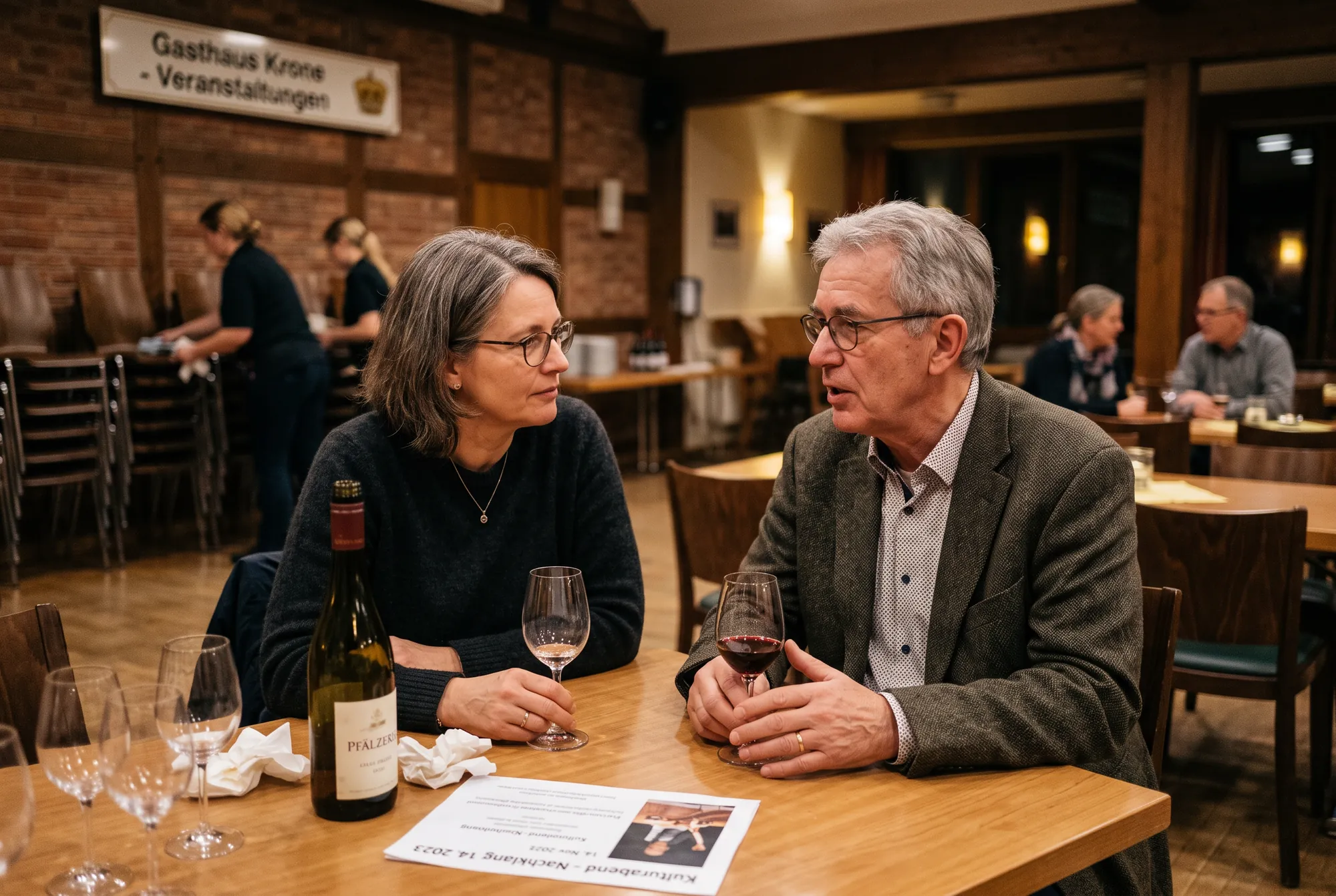 Zwei Gäste am Tisch gegen Ende des Abends