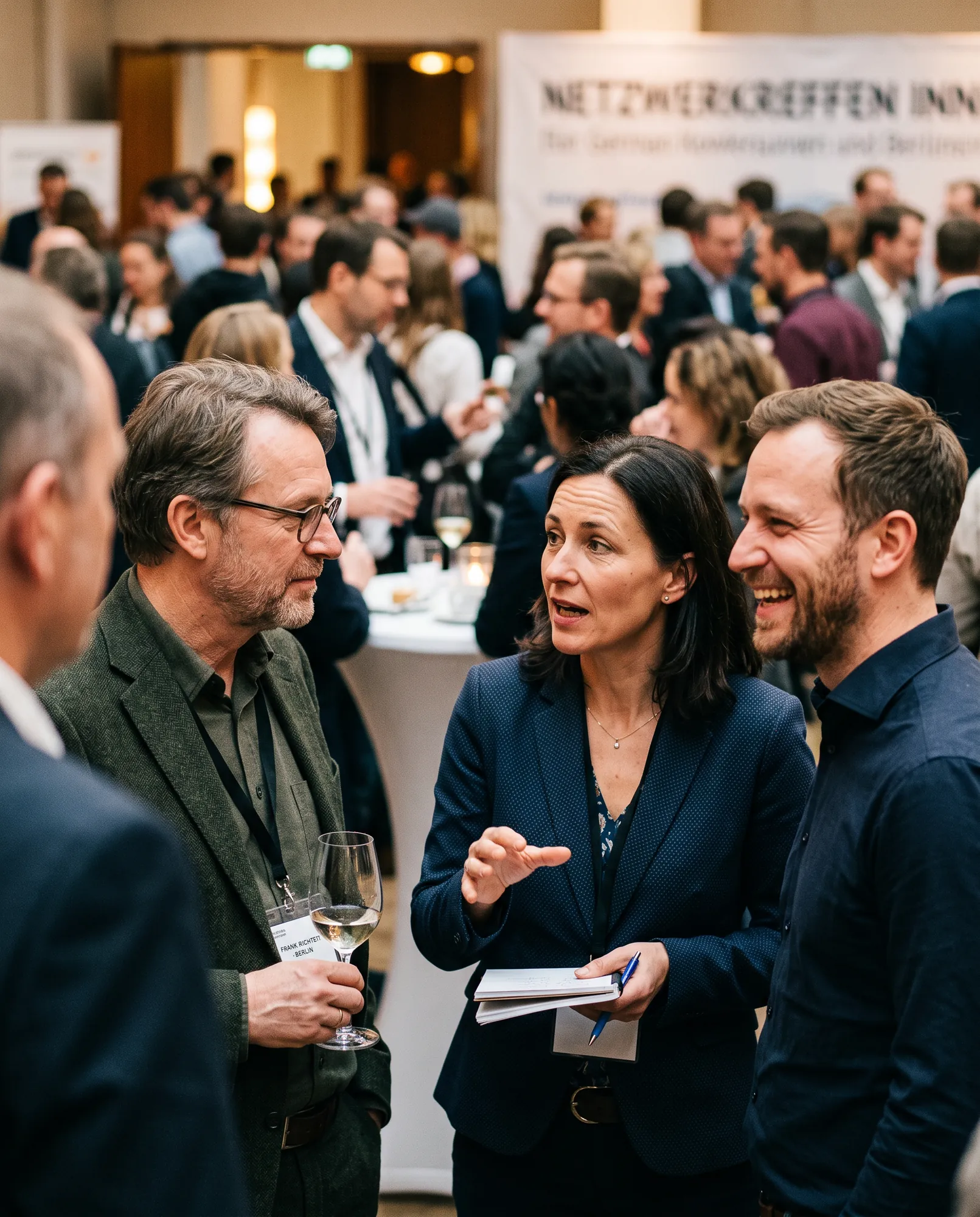 Drei Gäste im Networking-Gespräch